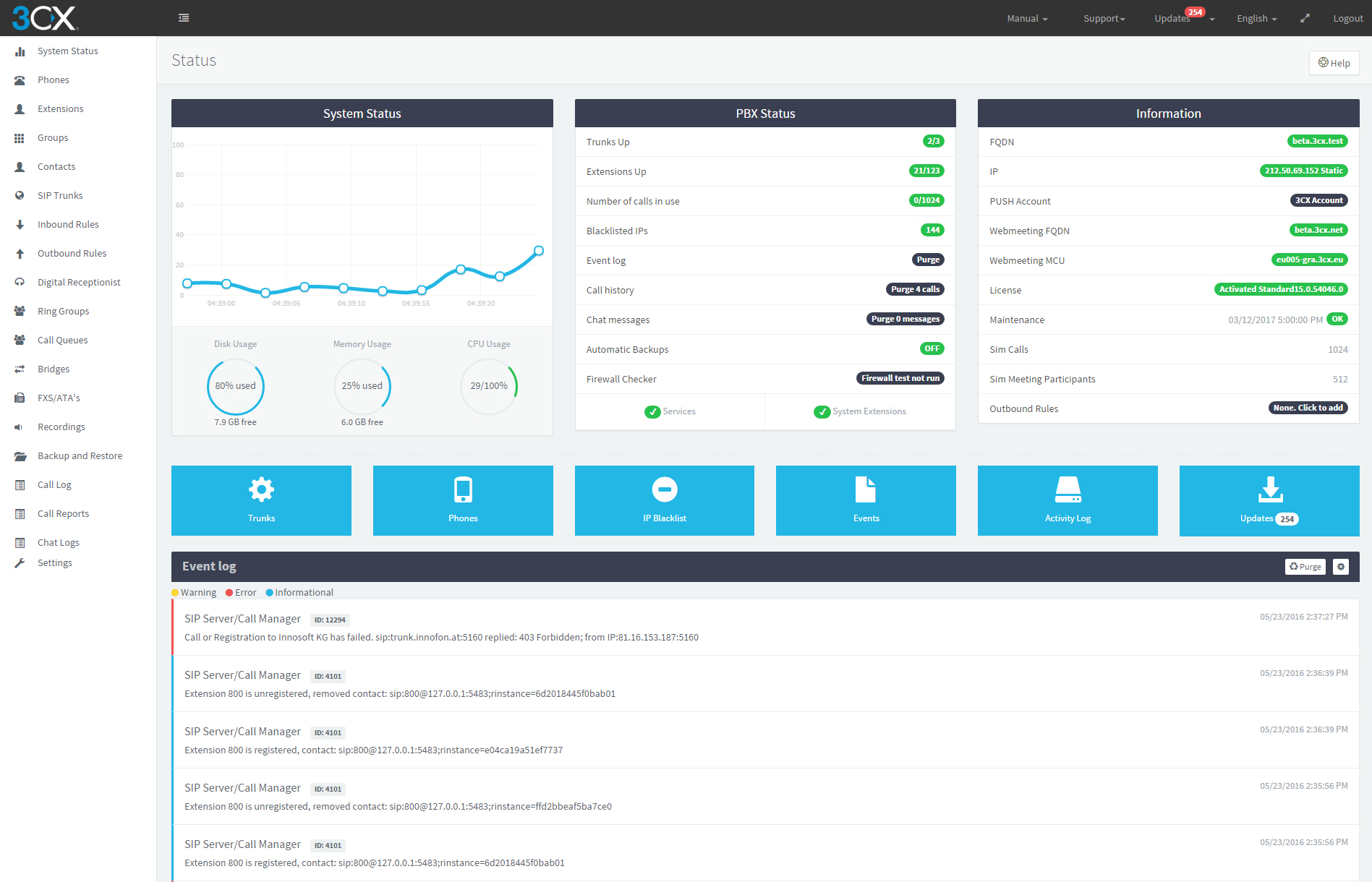 3CX management console screenshot